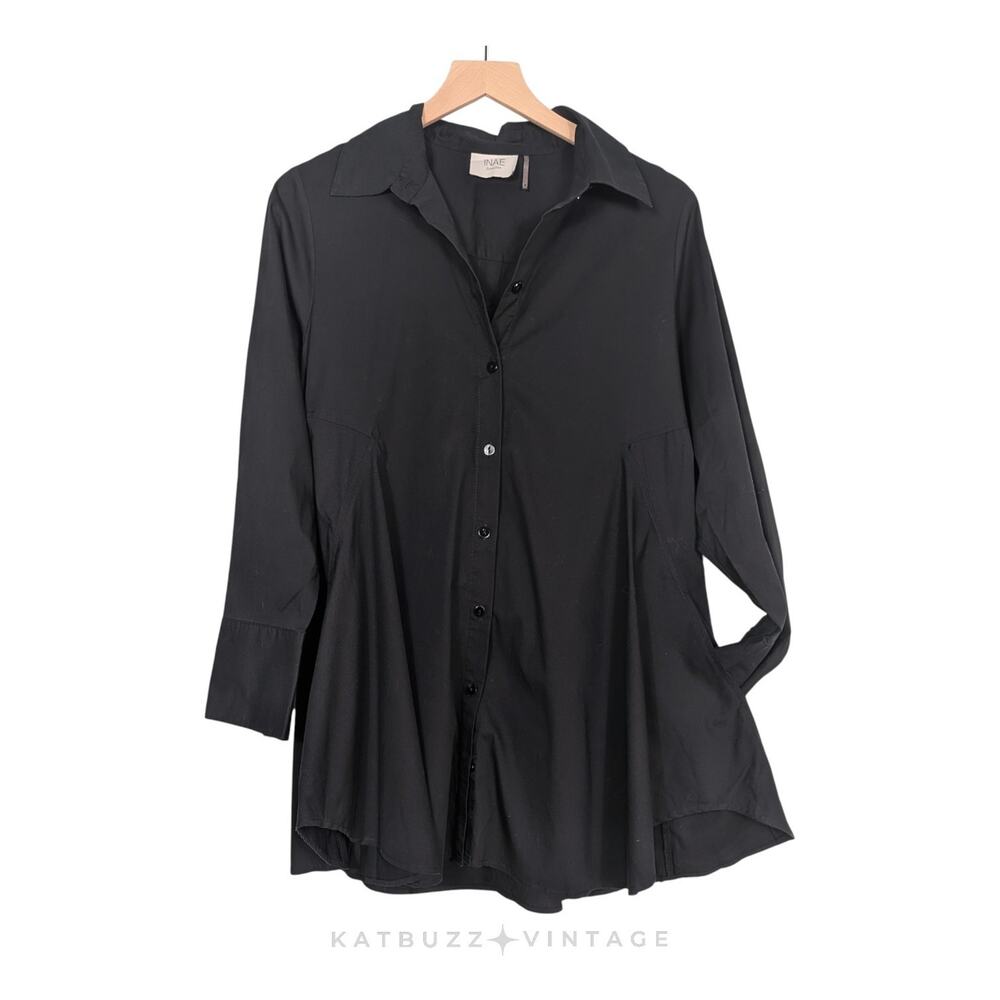 INAE Button Up Tunic Top M Black Lagenlook Work Office Artsy Swing Blouse Long